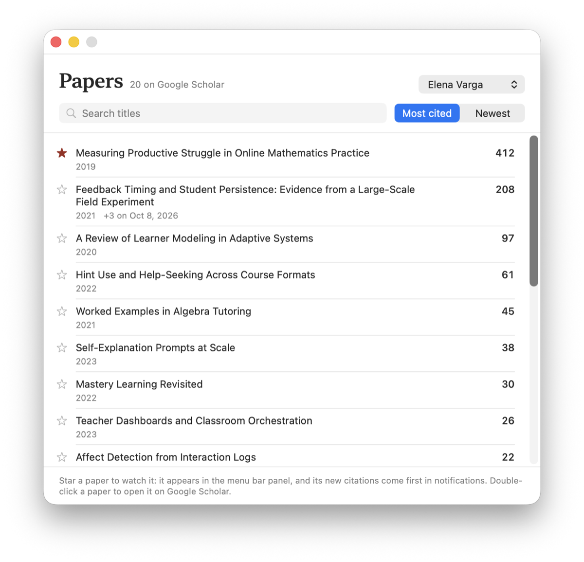 The Papers window: papers sorted by citations with years, a starred paper, and the latest gain on each.
