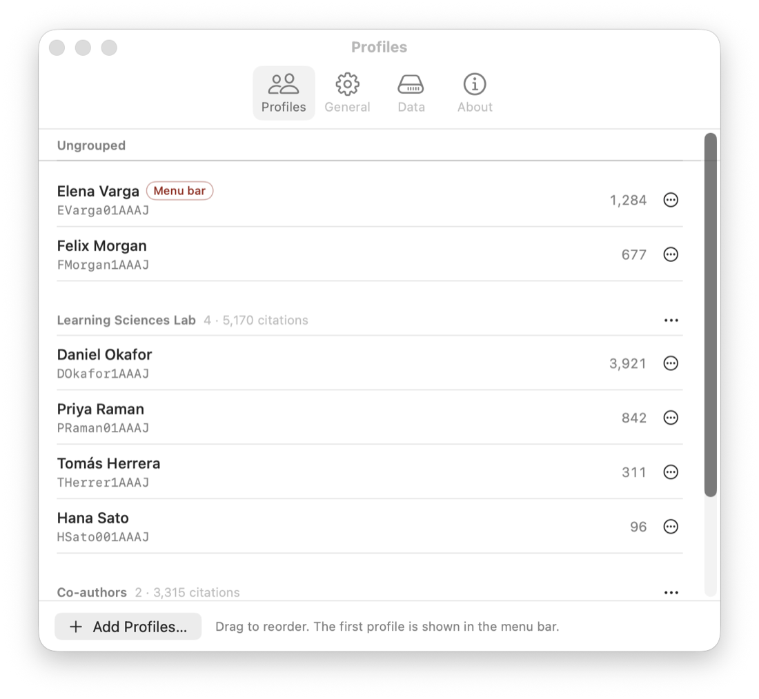 Settings showing profiles in groups such as Learning Sciences Lab, with combined citations.